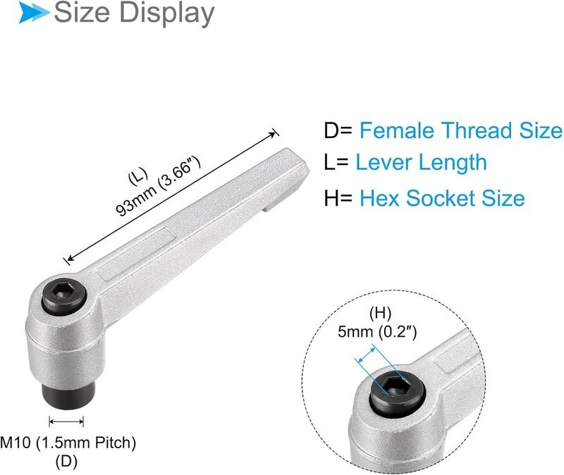CoCud Clamping Lever Handles, M10 Female Thread 93mm Lever, Adjustable Quick Release Locking Rotating Knobs Silver Tone - (Applications: for Lathe Machinery), 2-Pieces - Image 2
